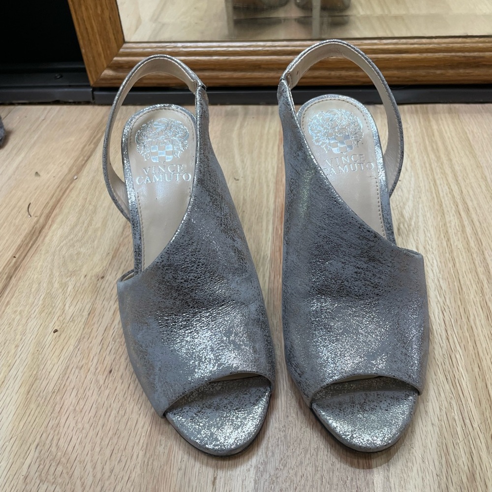 Vince Camuto Metallic Silver Open-Toe Slingback Heels